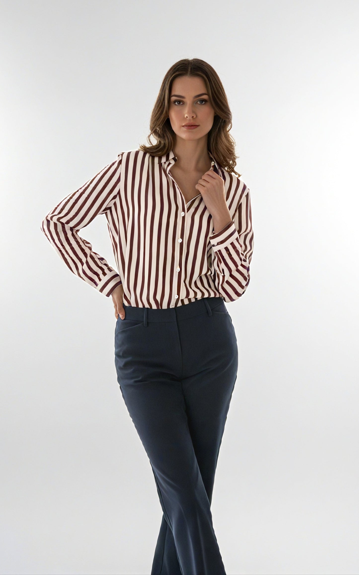 Long Sleeve Button Down Shirt, Classic Blouse with Pearl Buttons